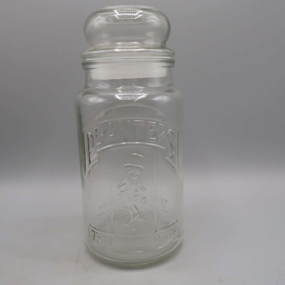 Vintage Classic Planters Peanut 75th Anniversary Clear Glass Jar with Lid 1981